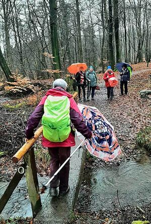Wanderin überquert einen Bach